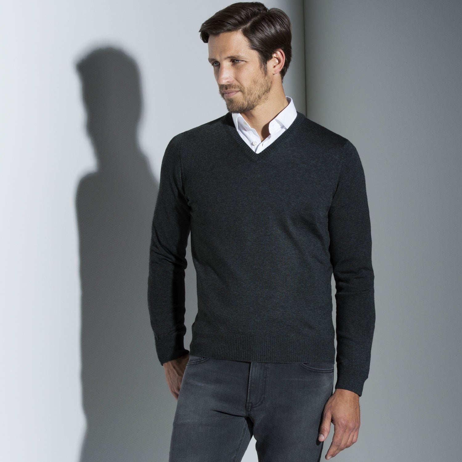 Charcoal V-Neck Sweater – Thomas Dean Co - Main Image